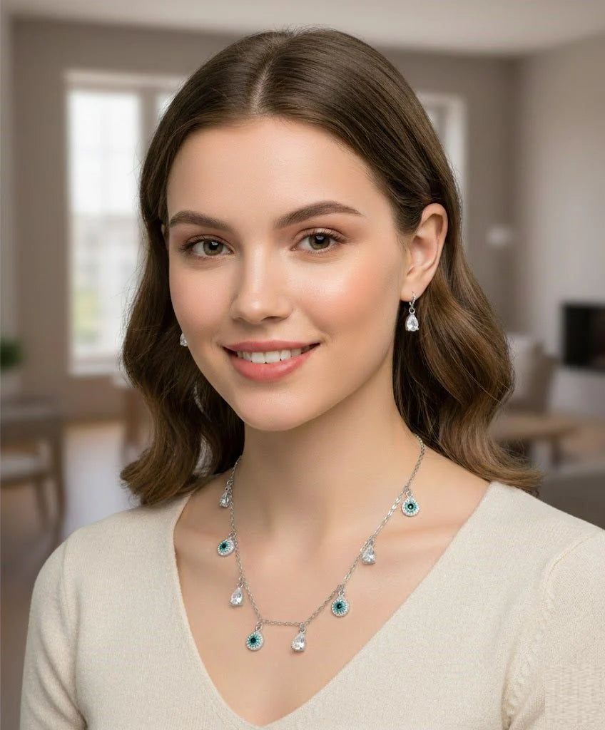 🧿 EVIL EYE TEARDROP DANGLE SET – Sparkle with Style & Positive Energy